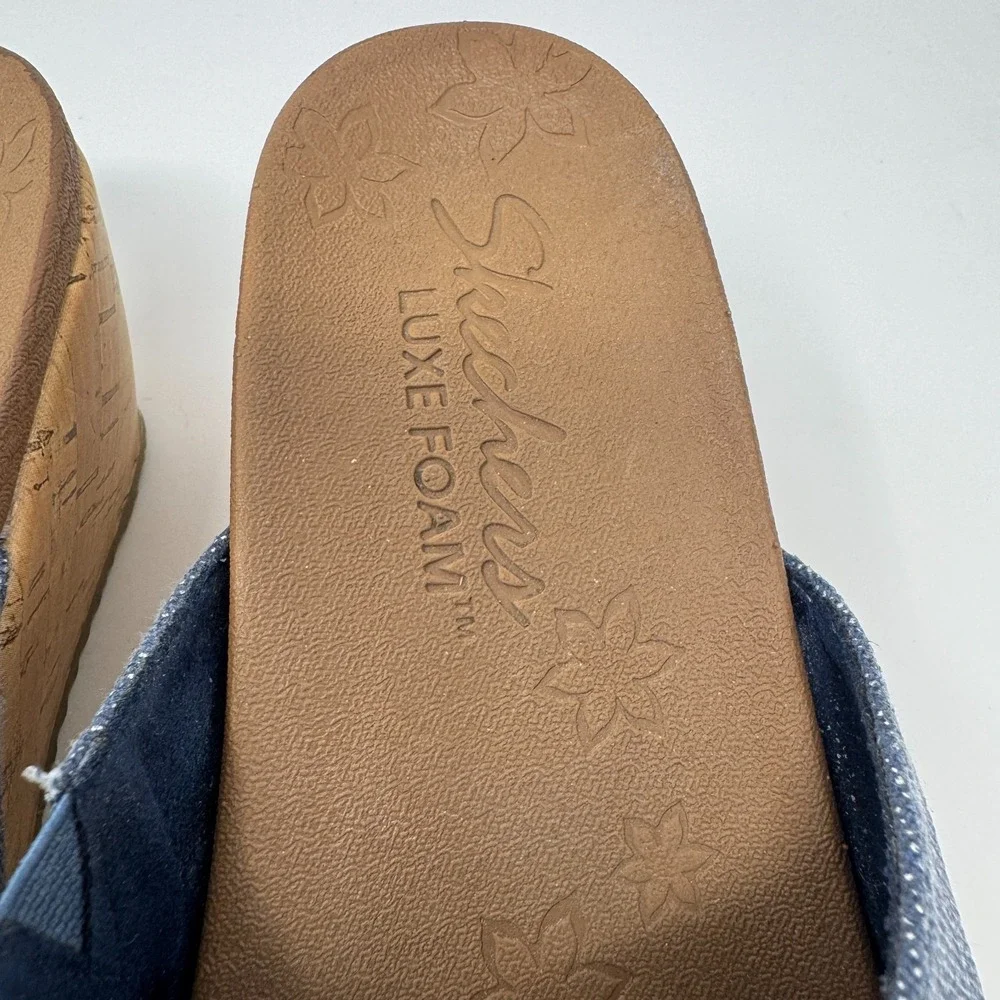 Sketchers Luxe Foam‎ Blue Denim Upper Slide Wedge Sandals 31721 Women's Size 9